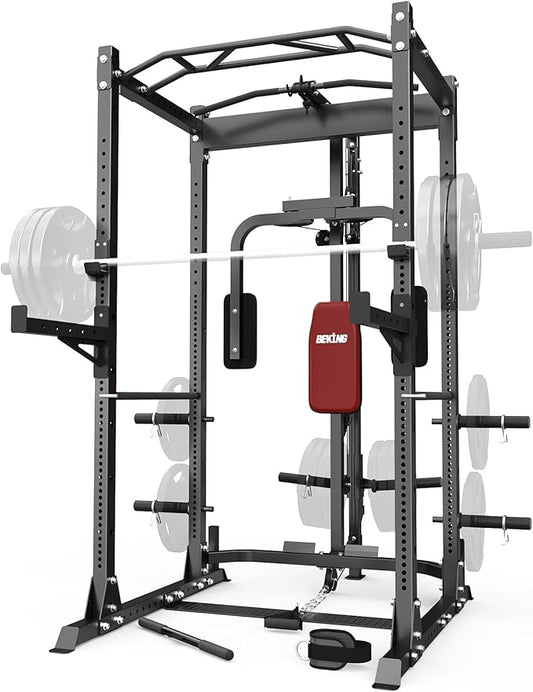 BEKING Power Cage, 2000LBS Power Squat Rack with LAT Pulldown, 2.36" ×2.36" Multi-Functional Squat Cage with Pulley System and More Training Attachments for Home Gym
