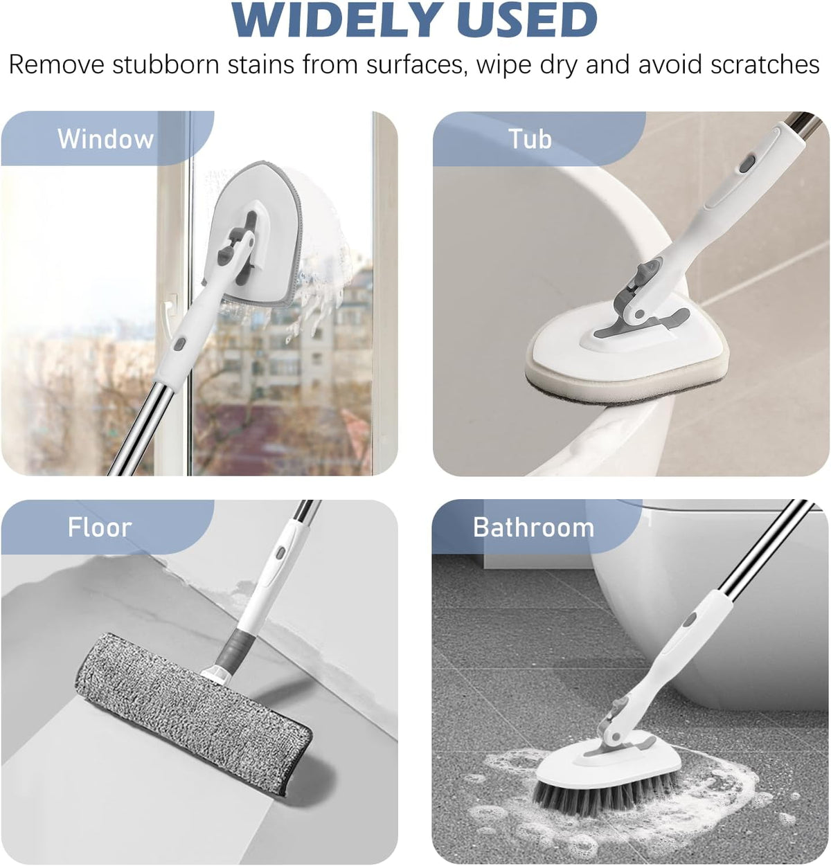 SetSail 4-in-1 Tile Tub Floor Scrubber with 52-inch Adjustable Long Handle Shower Cleaner Brush Comes with Window Scrubber and 3 Replacement Brush Heads for Cleaning Bathroom Kitchen Tub Tile, White