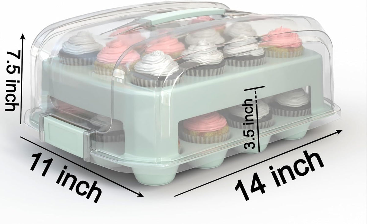 Cupcake Carrier, Green Cupcake Holder Carries 24 Standard-Size Cupcakes, Muffin Traveler Two Tier Stand Reusable Cupcake Box