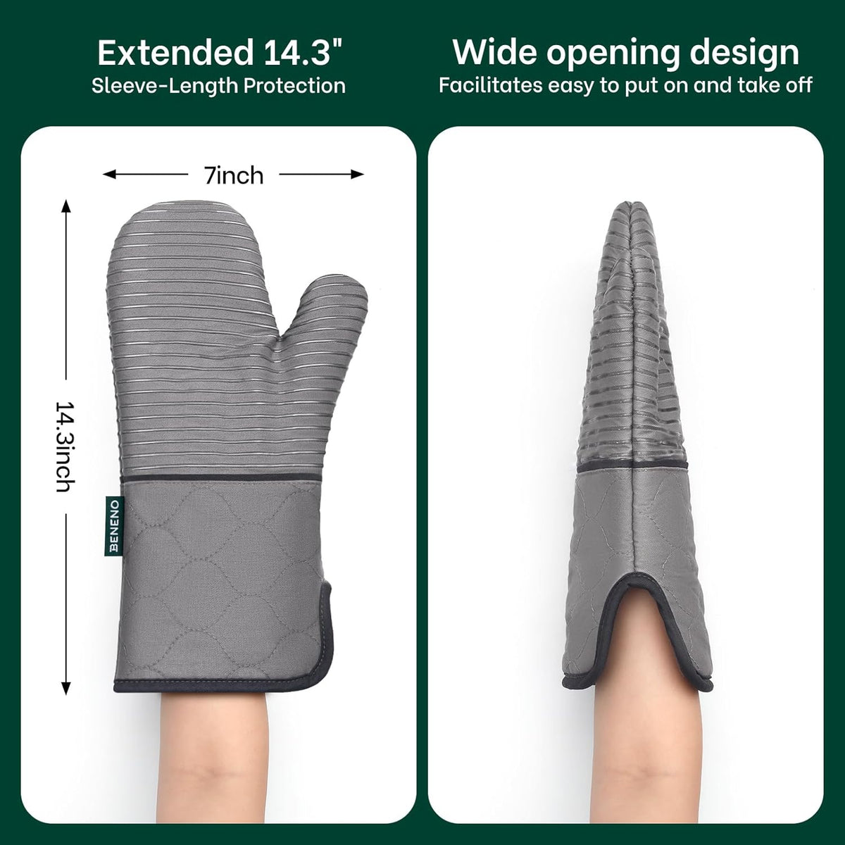 Beneno Kitchen Oven Mitts 2-Pack Heat Resistant to 500°F with Non-Slip Silicone Grip, Extra Long 14.3" Forearm Protection, Soft Quilted Cotton Terry Lining, Ideal for Cooking, Baking, Grilling, Gray