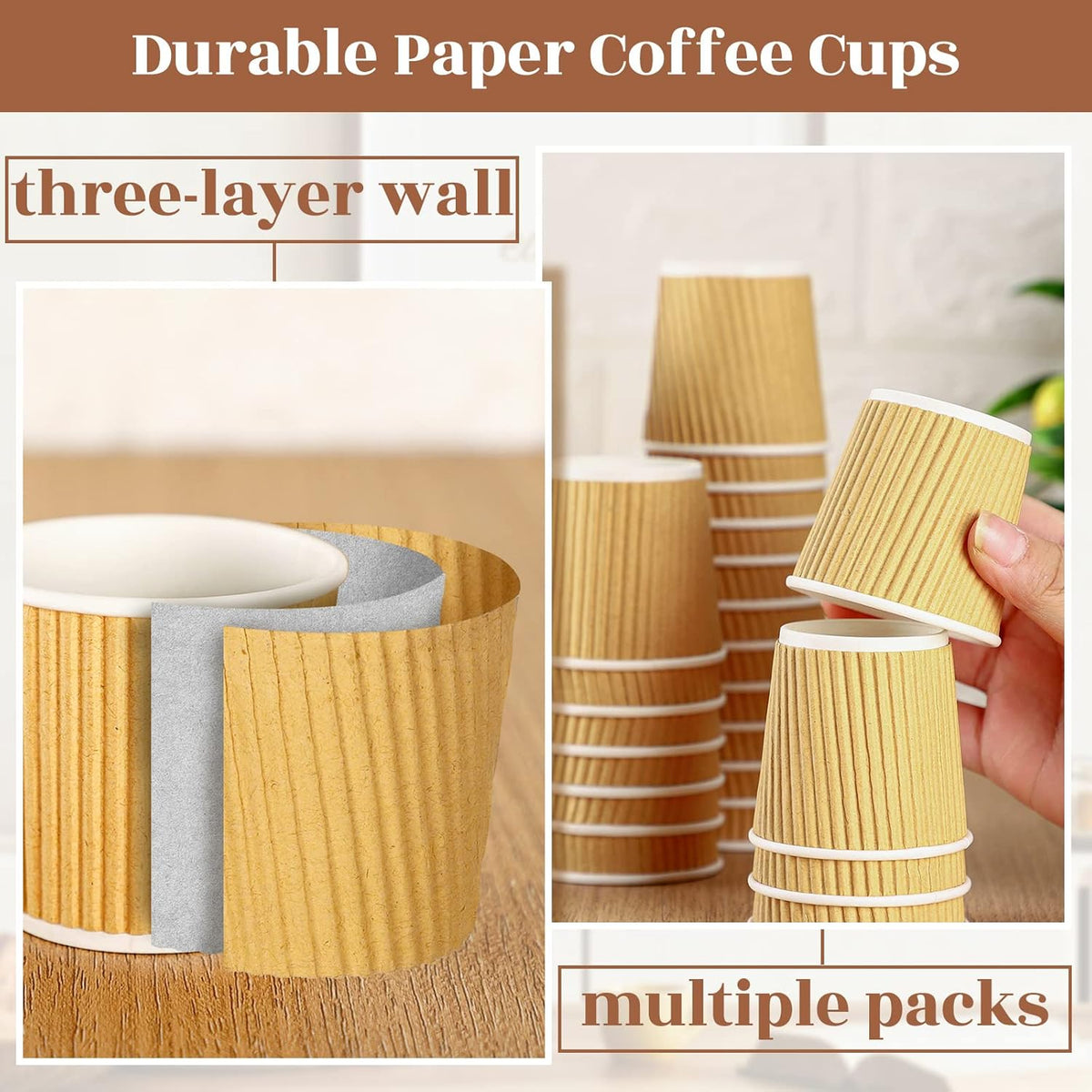 Yaomiao 200 Pcs 4 oz Disposable Espresso Coffee Cups Ripple Corrugated Paper Insulated Hot Cups for Party Cold Drinks Hot Beverage Tea(Kraft Paper Color)