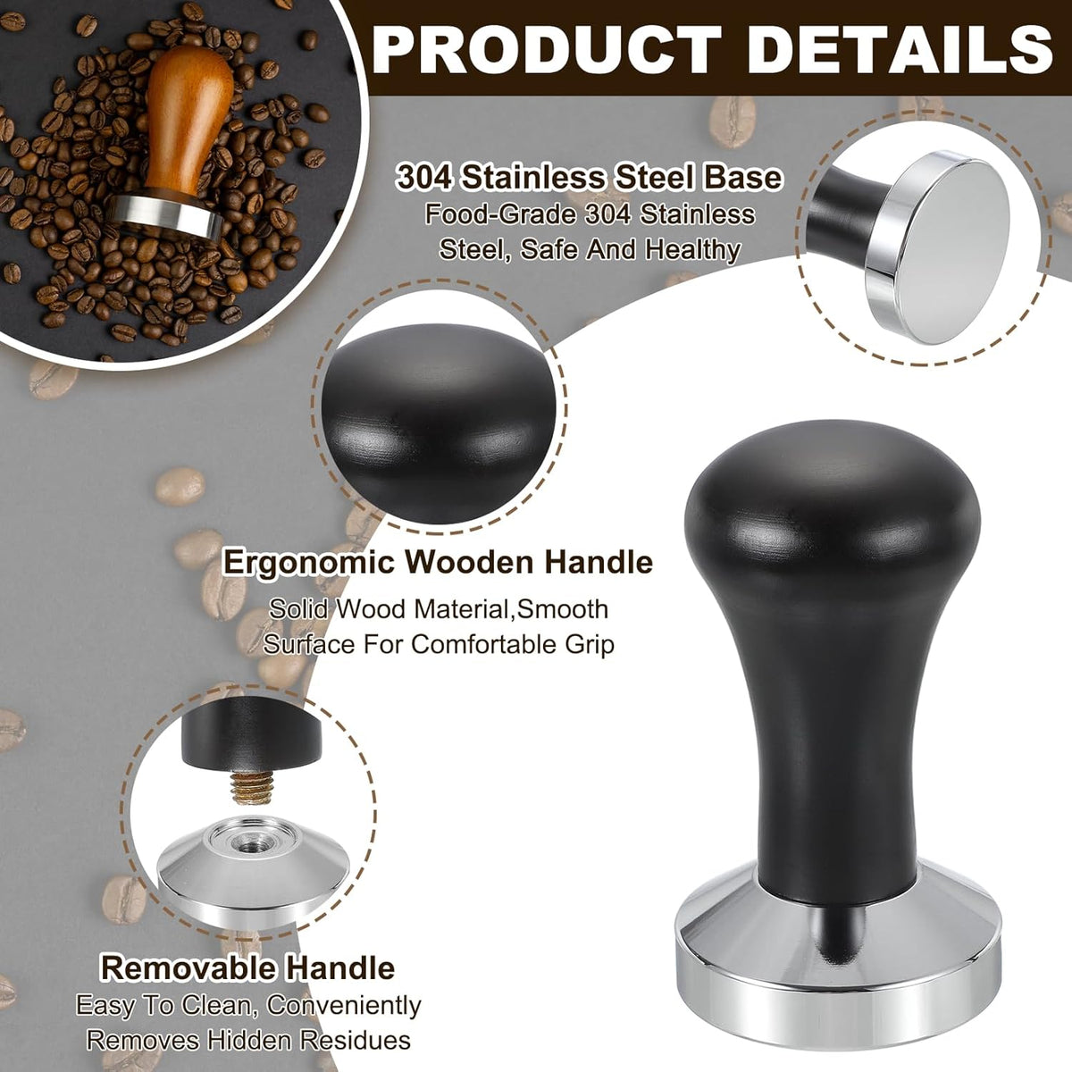 uxcell 51mm Coffee Tamper, Stainless Steel Espresso Press Tamper, Espresso Tamper with Wooden Handle Suitable for Coffee Shop, Restaurant Bar, Bakery (Black)
