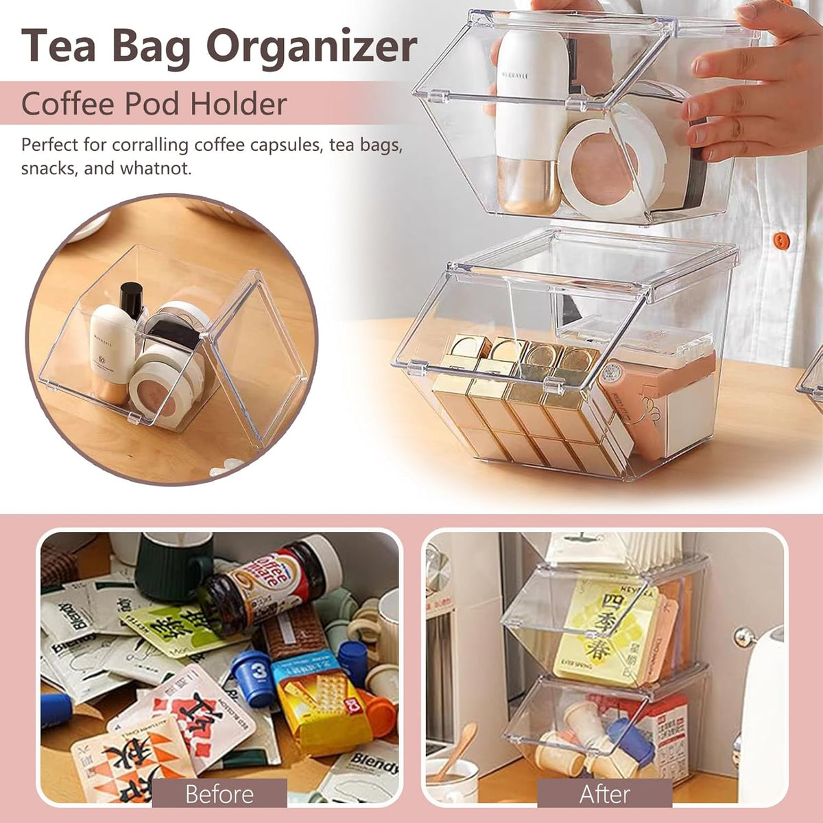 Roninkier 2 pack Coffee Pod Holder Tea Bag Organizer, Large Capacity Stackable Coffee Bar Accessories for Counter