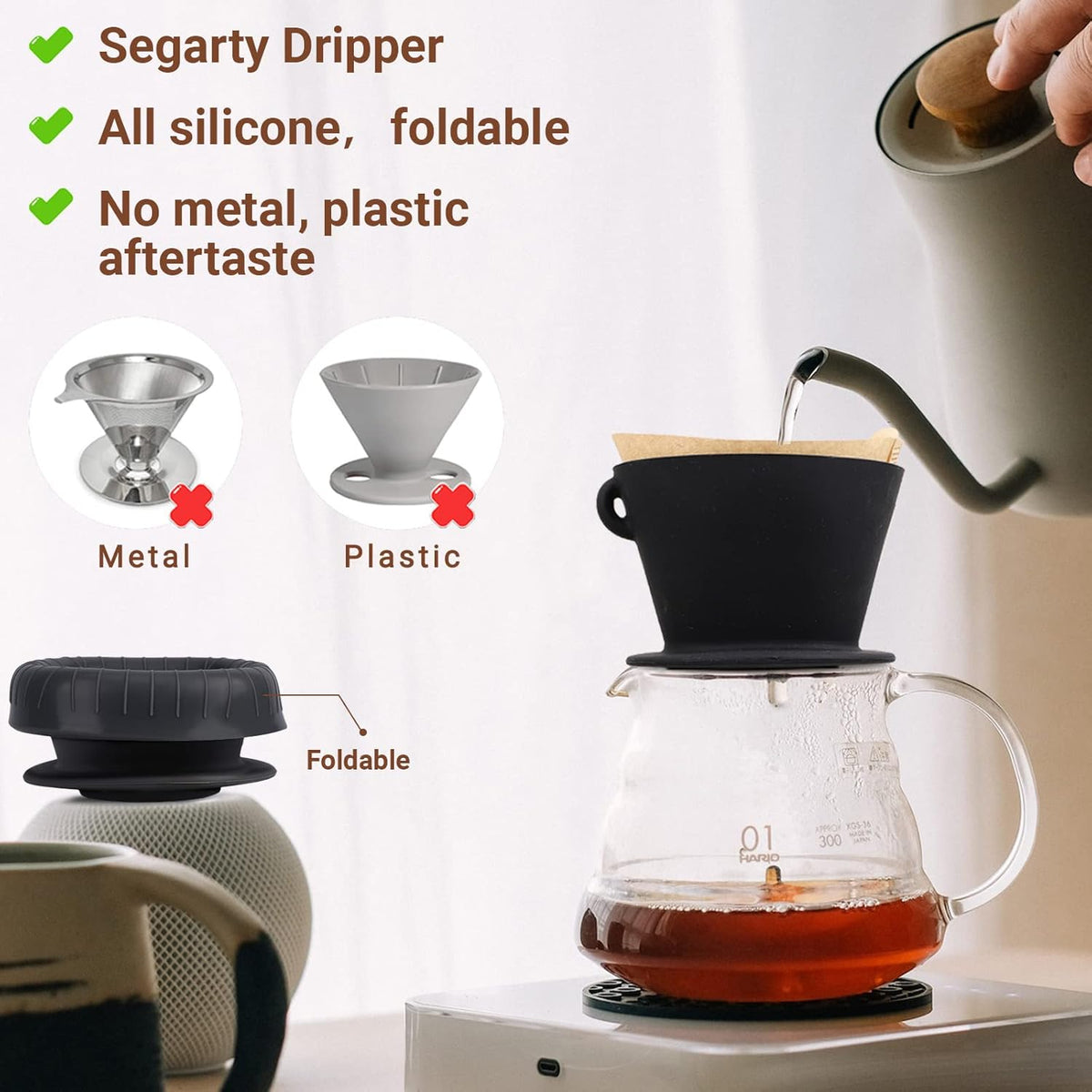 Segarty Silicone Pour Over Coffee Dripper, Black Collapsible Coffee Maker Single Cup with Storage Pouch, Camping Pourover Coffee Slow Brewer for Travel, Backpacking