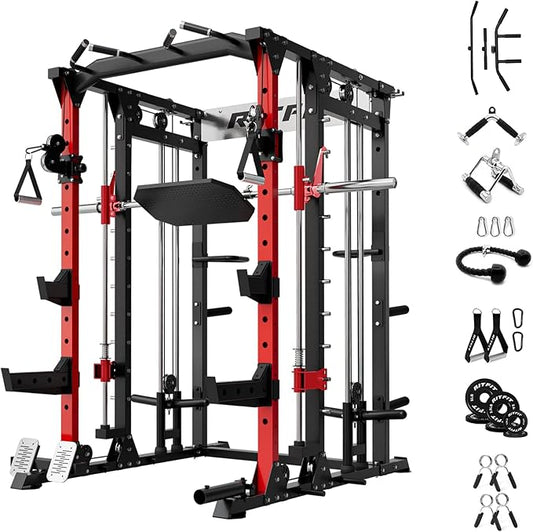 RitFit Smith Machine Power Cage with LAT Pulldown & Cable Crossover, All-in-One Power Rack Home Gym System with Leg Press Attachment & Accessories