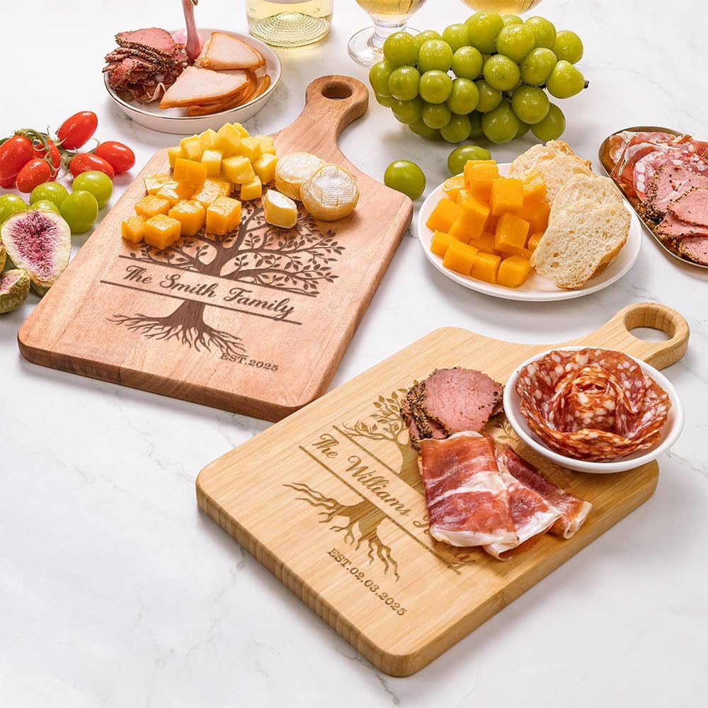 callie Personalized Family Cutting Board, Wooden Engraved Cheese Food Serving Tray Platter with Grip Handle, Housewarming Gifts (S, M, L)