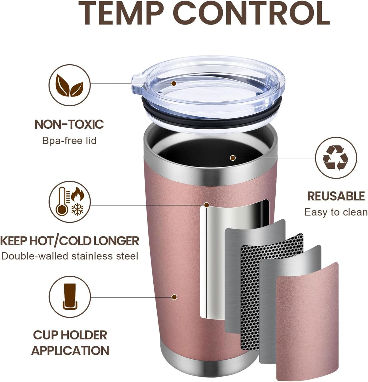 MEWAY 20oz Tumbler 2 Pack Double Wall Vacuum Insulated Travel Mug Bulk, Stainless Steel Tumblers with Lid and Straw, Durable Powder Coated Coffee Cups for Cold & Hot Drinks (Rose Gold, 2)