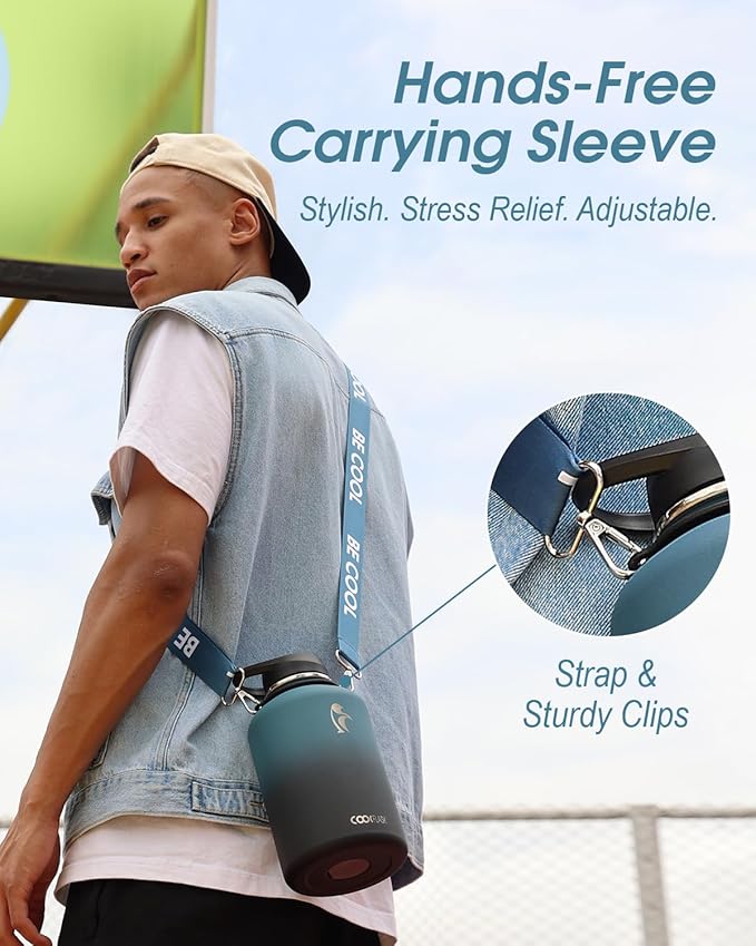 Coolflask 64 oz Water Bottle Insulated with Strap, Half Gallon Water Jug Stainless Steel with Straw & Spout Lids, Metal Large Water Flask, Keep Cold 48h Hot 24h, Leak Proof & Non-BPA, Prussian Blue