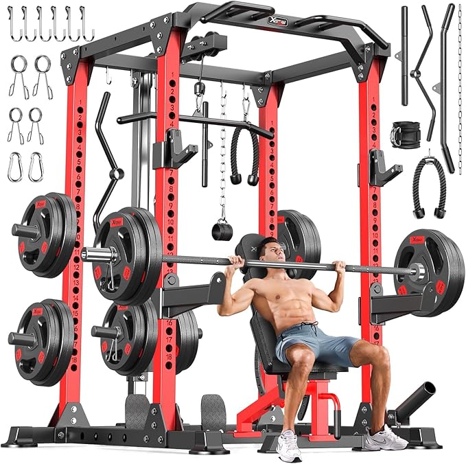Power Cages Multi-Purpose Squat Rack with Cable Crossover System, Matching Weight Bench, Olympic Barbell Weight Set for Garage and Home Gyms