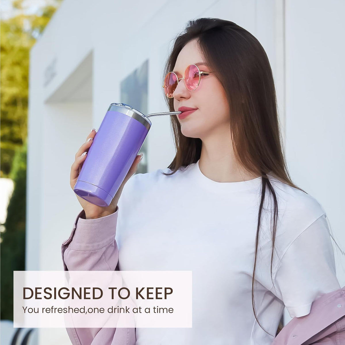 MEWAY 20oz Tumbler 8 Pack Double Wall Vacuum Insulated Travel Glitter Mug Bulk, Stainless Steel Tumblers with Lid and Straw, Powder Coated Coffee Cups for Woman(Rainbow Purple,Set of 8)