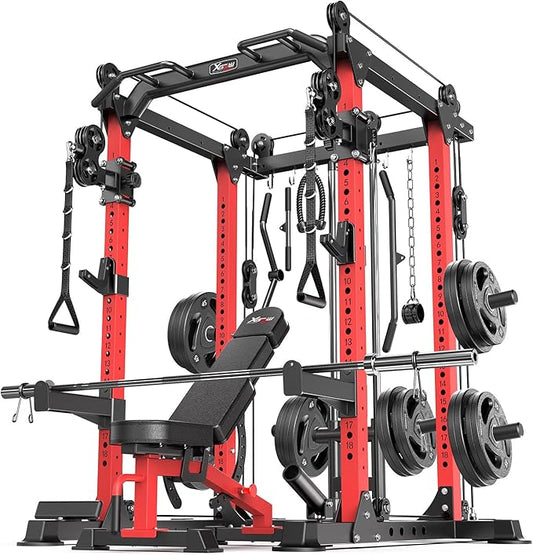 Power Cage Multi-Function Power Rack with Cable Crossover System,1800 LBS Capacity Squat Rack with Weight Bench,for Home Gym