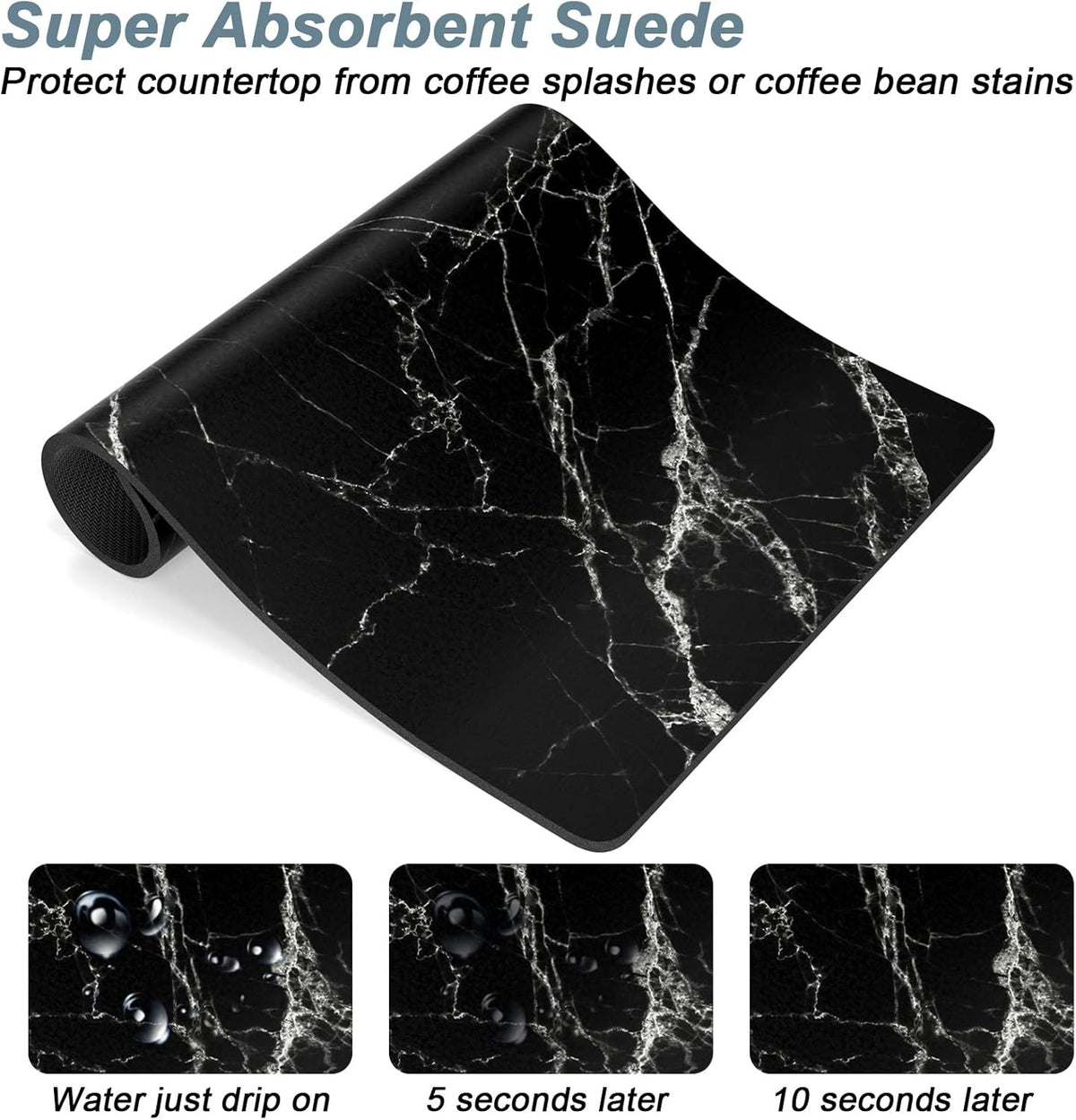 Rnivvi Coffee Mat, 12" x 19" Cute Marble Style Coffee Bar Mats for Espresso Machine Station Accessories and Organizer, Hide Stain Rubber Backed Absorbent Dish Drying Pad for Kitchen Counter, Black