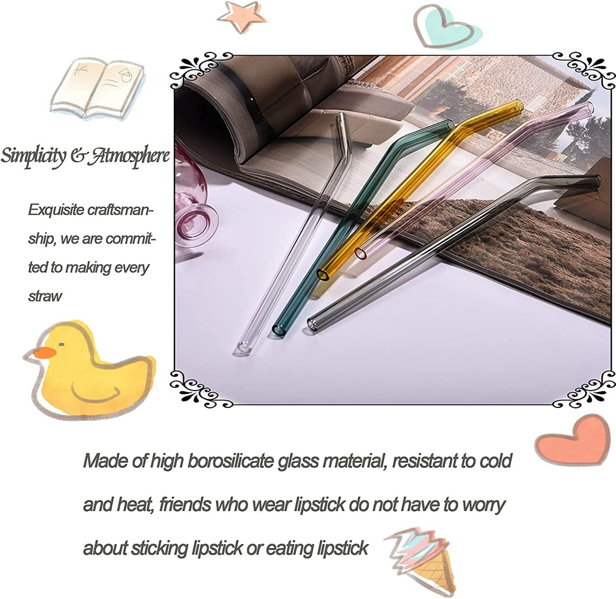6 Reusable Colorful Curved Glass Straws, 8 Inches, Shatterproof and Heat-Resistant, Includes 2 Cleaning Brushes.