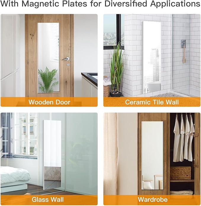 55"x16" Magnetic Mirror Lightweight Full-Length Mirror | Strong Adhesion, Easy Installation | Suitable for Refrigerators, Glass Walls, Wooden Doors, and More | 8.2kg Ultra-Strong Support | White
