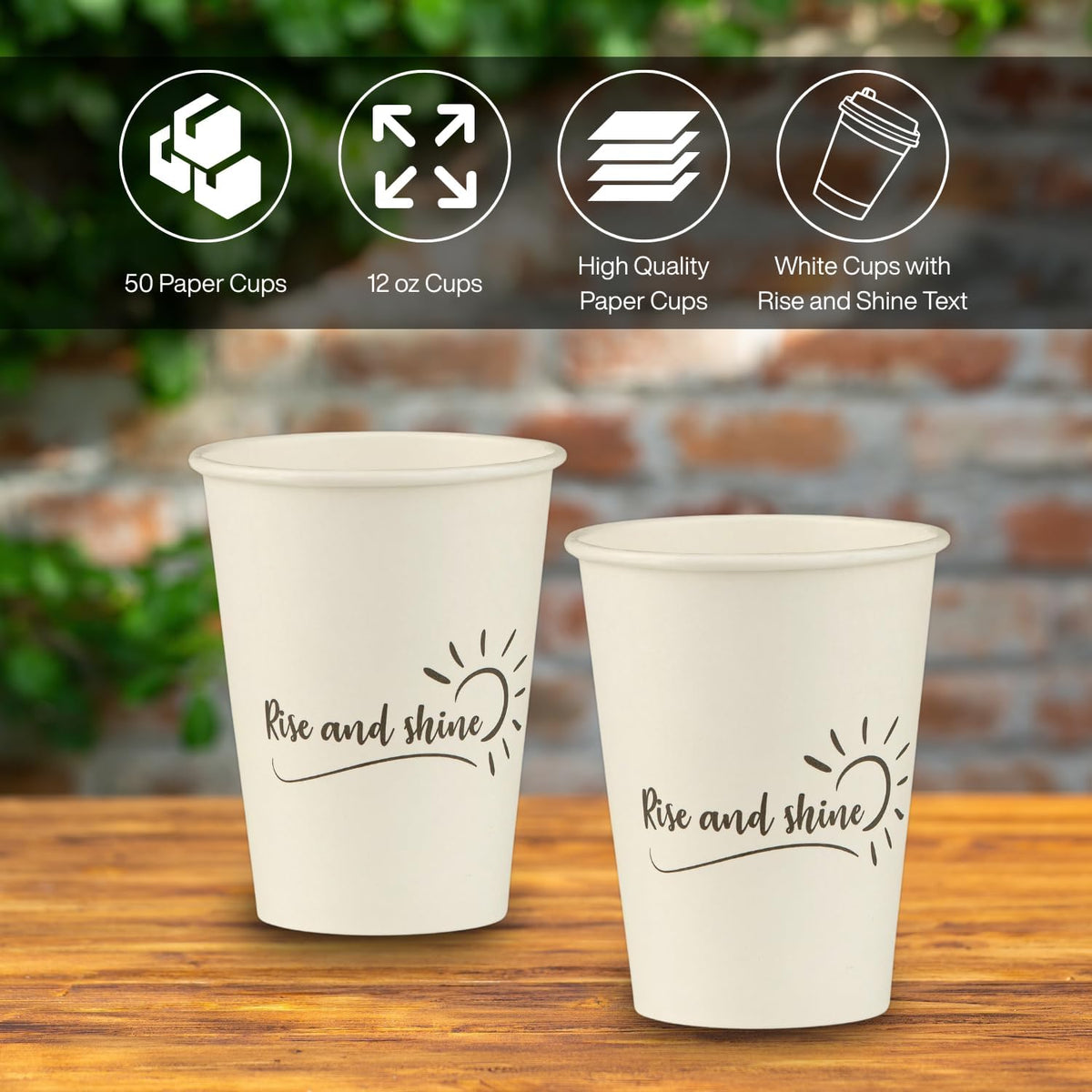 Smygoods Disposable Coffee Cups, To Go Paper Hot Cups, Rise and Shine Design (12 OZ, 50 Count) For Hot Beverages, Coffee, Tea, Espresso, Cocoa - Vasos Para Cafe