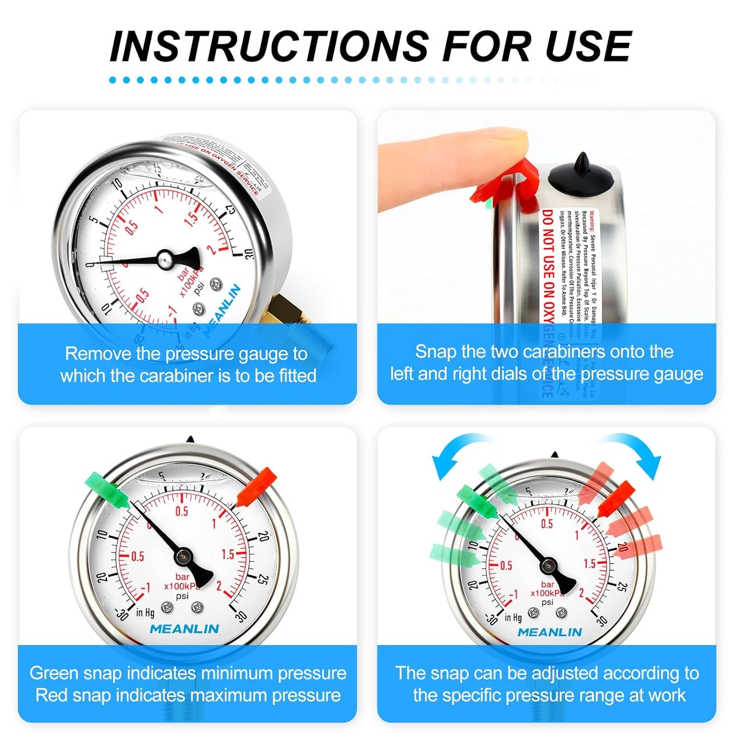 MEANLIN MEASURE -30inHG~30Psi Vacuum Pressure Gauge 1/4" NPT 2.5" FACE DIAL, Stainless Steel Liquid Filled Pressure Gauge WOG Water Oil Air Lower Mount (with 2PCS Snaps)