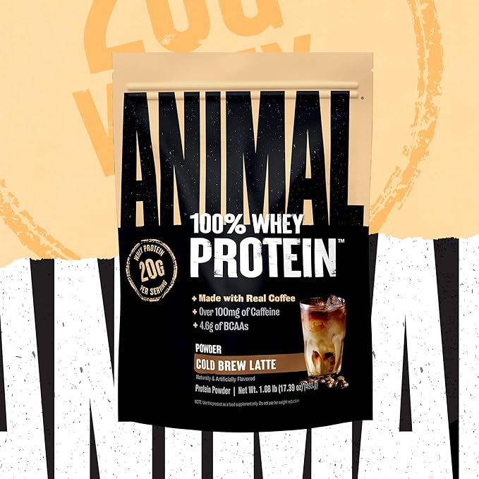 Animal 100% Whey Protein Powder Instant Iced Coffee – Real Coffee for Preworkout, Post Workout Whey Blend + 20g of Protein Shake, 120mg of Caffeine Meal Replacement with BCAA – Cold Brew Latte, 1 lb