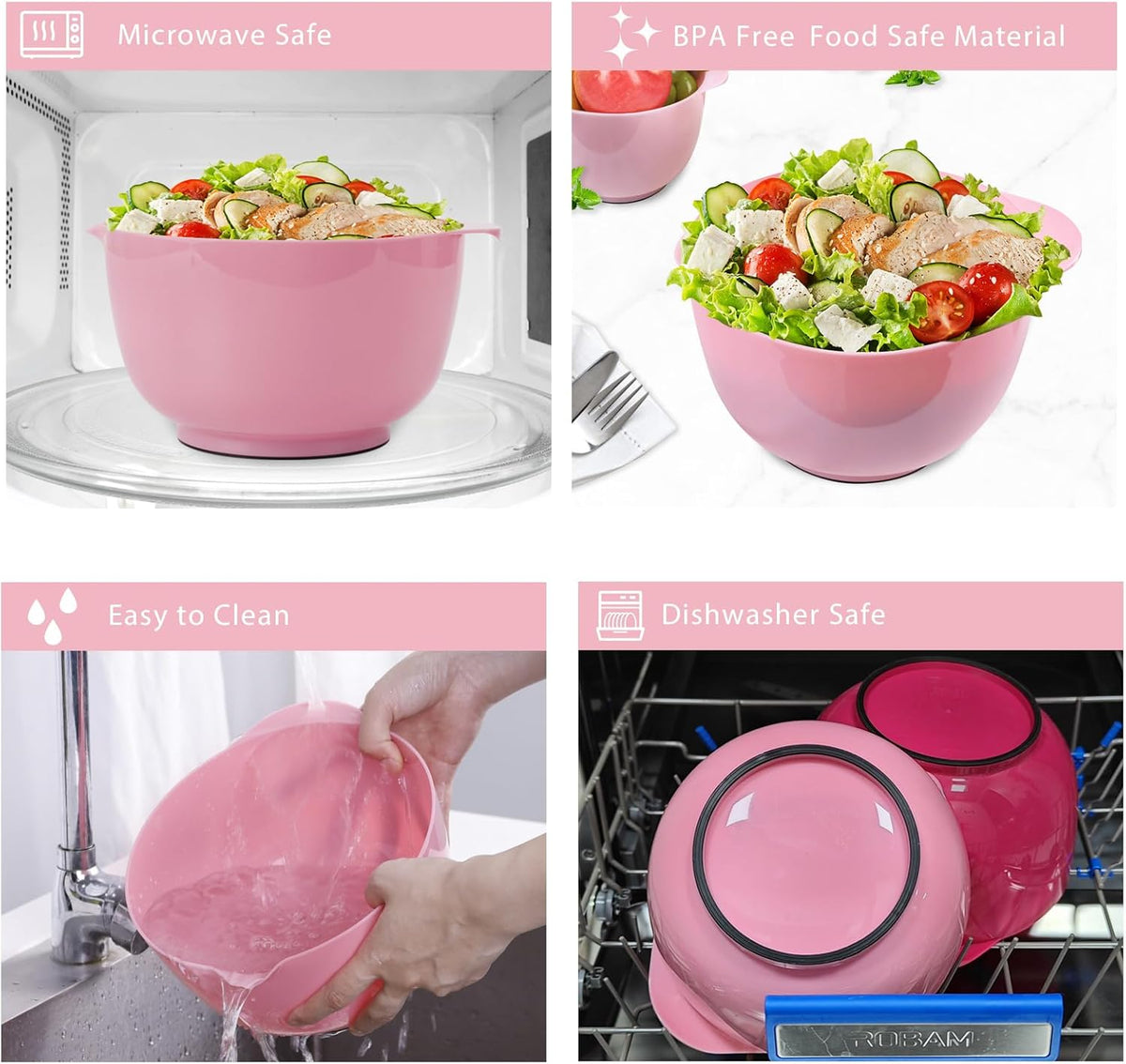BoxedHome Classic Mixing Bowl Set, BPA Free Plastic, Microwave and Dishwasher Safe (Set of 4, Rose red), 4.5 quarts