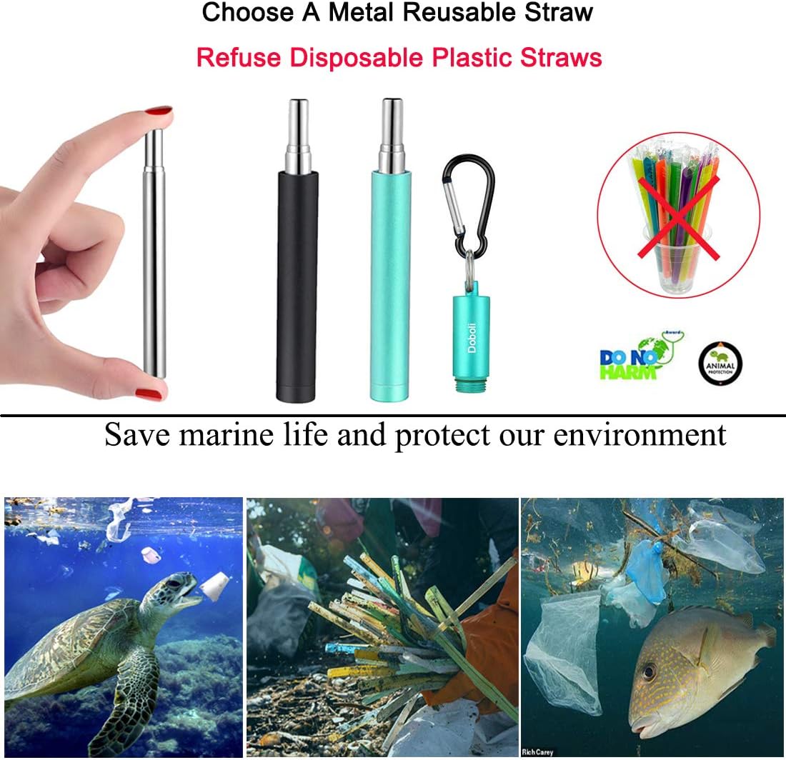 2 Pack Reusable Metal Straws Collapsible Stainless Steel Drinking Straw Travel Portable Telescopic Straw with Case,2 Cleaning Brushes Included Black/Turquoise