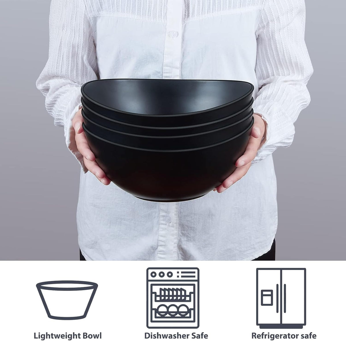 9.6'' Serving Bowls, 84oz Bamboo Fiber Salad Set of 4, Large for Kitchen, Deep Oval for Salad, Vegetable, Fruit, Pasta, Ramen, Lightweight & Easy to Clean (Matte Black)