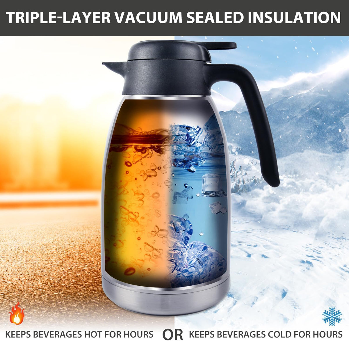 Heritage66 Thermal Coffee Carafe -Triple Wall Vacuum insulated Flask- Thermos keeping Beverages Hot for 12 hours /24 hours cold Tea, Water, and Coffee Dispenser (2 Liter/68Oz with Brush)
