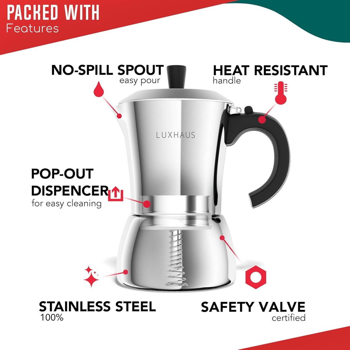 LuxHaus Moka Pot - 6 Cup Stovetop Espresso Coffee Maker - 100% Stainless Steel Italian and Cuban Mocha Coffee Maker