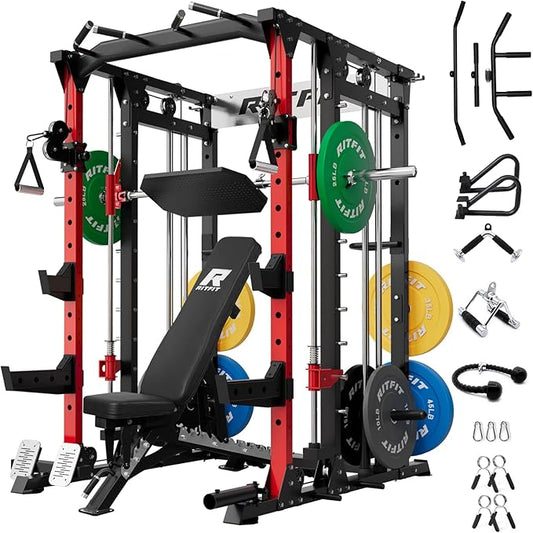 RitFit Buffalo Smith Machine, Power cage with LAT-Pull Down System & Cable Crossover System, All-in-One Squat Rack for Home Gym, Power Rack