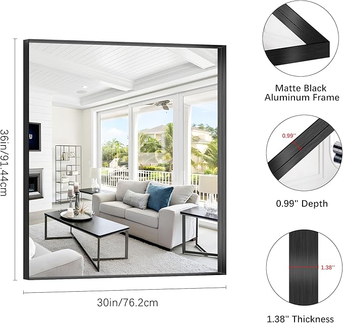 Black Bathroom Mirror, 30x36 Inch Rectangular Framed Mirror, Large Wall Mounted Bathroom Vanity Mirror Over Sink for Bedroom,Restroom, Living Room, Hangs Vertically or Horizontally