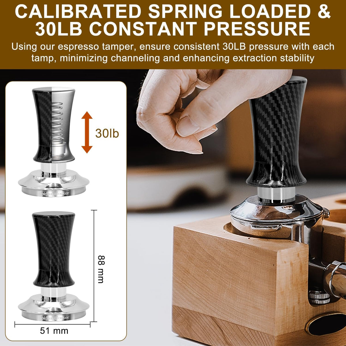 51mm Espresso Coffee Tamper for Espresso Machine: Calibrated Spring Loaded & Stainless Steel Ripple Base - Carbon Fiber Handle with Constant 30lb Fits All 51mm Portafilters | Bundle Including WDT Tool