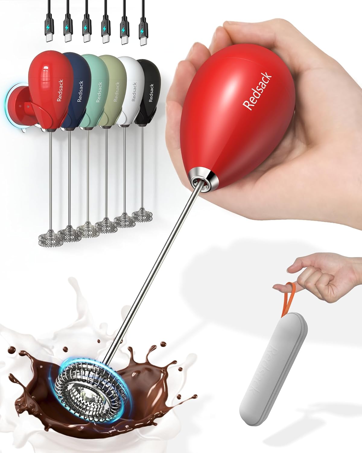 Milk Frother Handheld with Case,USB C Rechargeable Frother Wand for Coffee, Portable Electric Whisk with Stand,Waterproof Hand Drink Mixer Travel for Lattes, Cappuccino, Matcha, Egg (Red)