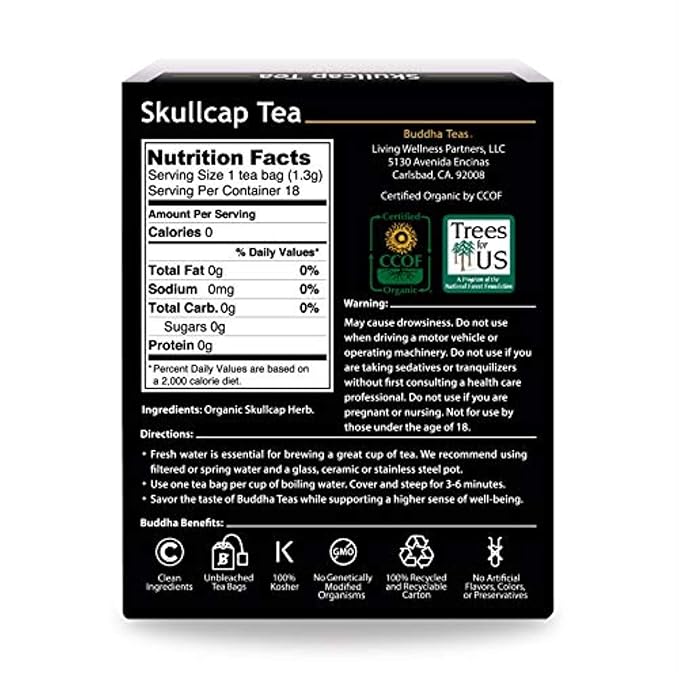 Buddha Teas Organic Skullcap Tea - OU Kosher, USDA Organic, CCOF Organic, 18 Bleach-Free Tea Bags