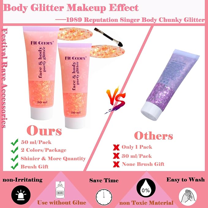 Body Glitter Face Glitter Gel: Singer Concerts Disco Festival Rave Accessories Face Glitter Makeup 150ml Chunky Sequins Mermaid Face Body Hair Glitter Gel (2 Orange)
