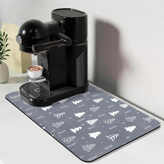 Bloss Coffee Mat, Christmas 12"x19" Bar Mat with Waterproof Rubber Backing, Fit Under Coffee Maker Machine/Kitchen Counter/Dish Drying Mat-Grey and Pine