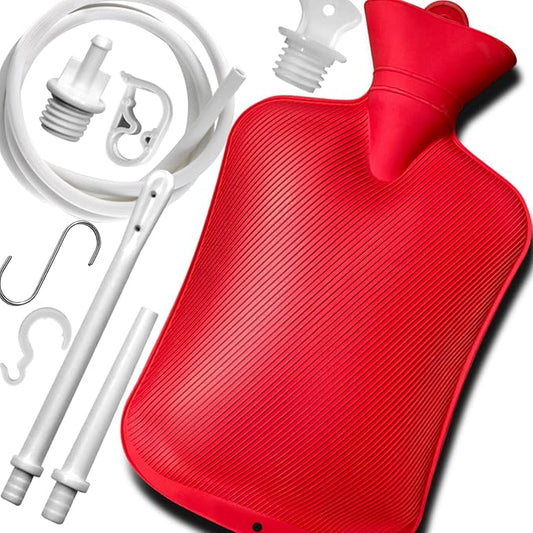 2L Home Enema Bag Kit with 2 Tips, 60 Inch Silicone Hose, Controlable Flow Valve, Hot-Water Bottle for Colon Cleansing (Red)