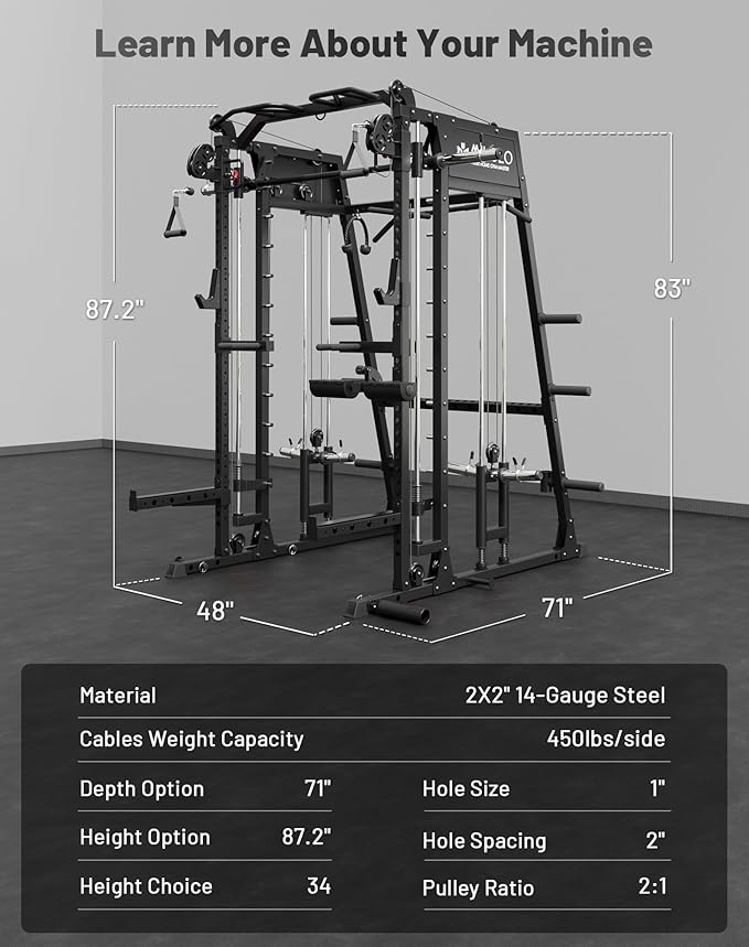 Mikolo Smith Machine, 2200lbs Squat Rack with LAT-Pull Down System & Cable Crossover Machine, Training Equipment with Leg Hold-Down Attachment