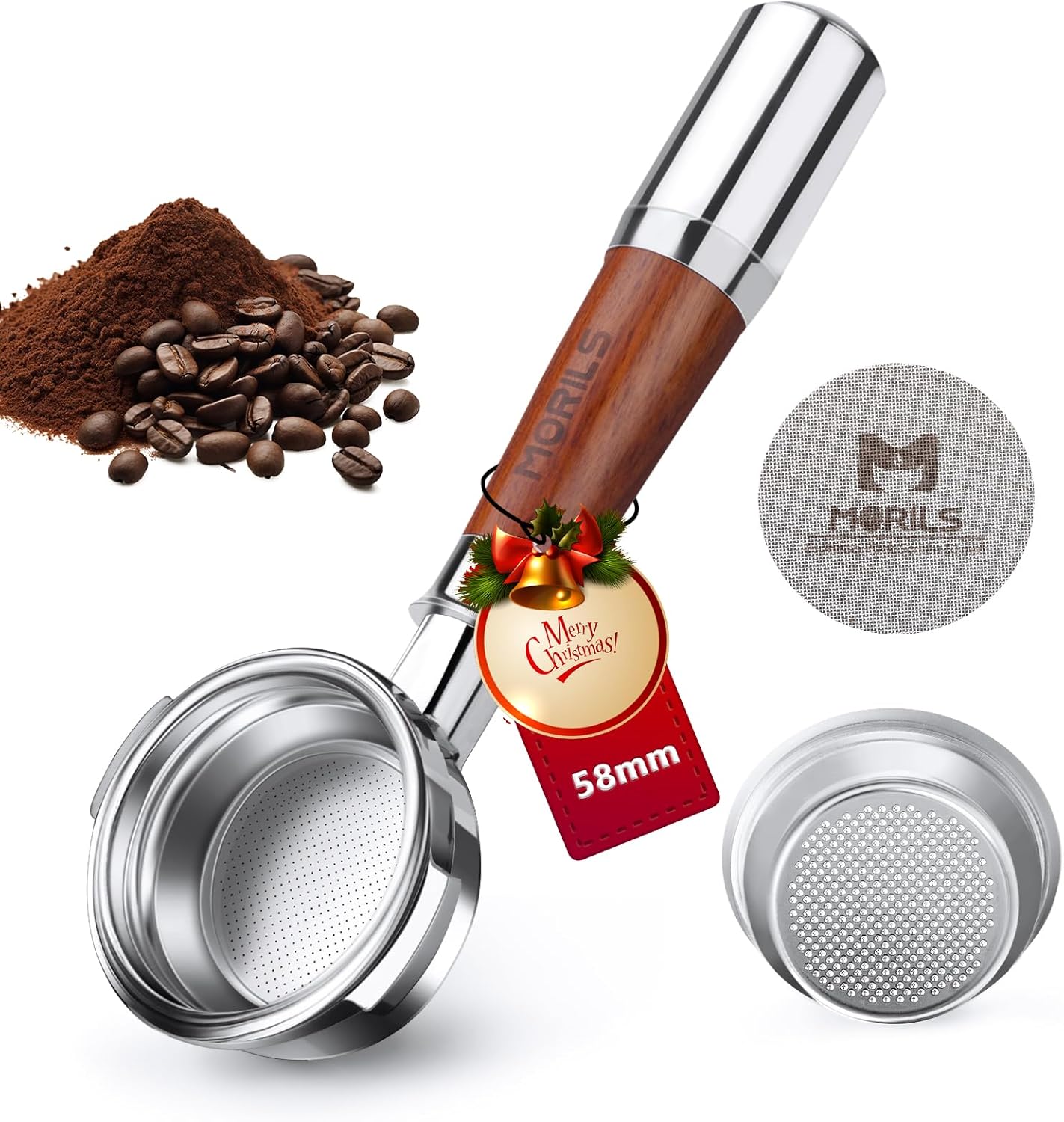Bottomless Portafilter 58mm with Double Shot Filter Basket & Premium Walnutwood Handle, Portafilter with Puck Screen Compatible with All Breville 58mm Machines, Espresso Accessories, Silver