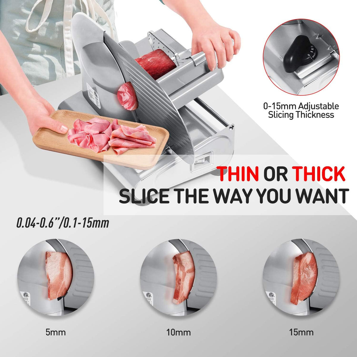 Meat Slicer, Techwood 200W Electric Food Slicer with Removable 9” Stainless Steel Double Blade, Silver