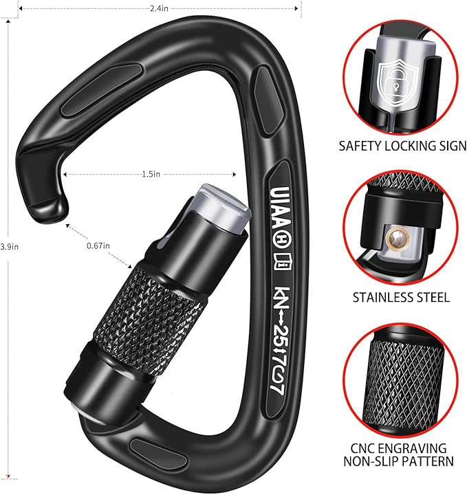 BEIFENG 25KN Auto Locking Carabiner - UIAA Certified Heavy Duty Climbing Carabiners for Rock Climbing, Camping, Rappelling, Hunting, Rescue Equipment - Professional Carabiner Clips (Black)