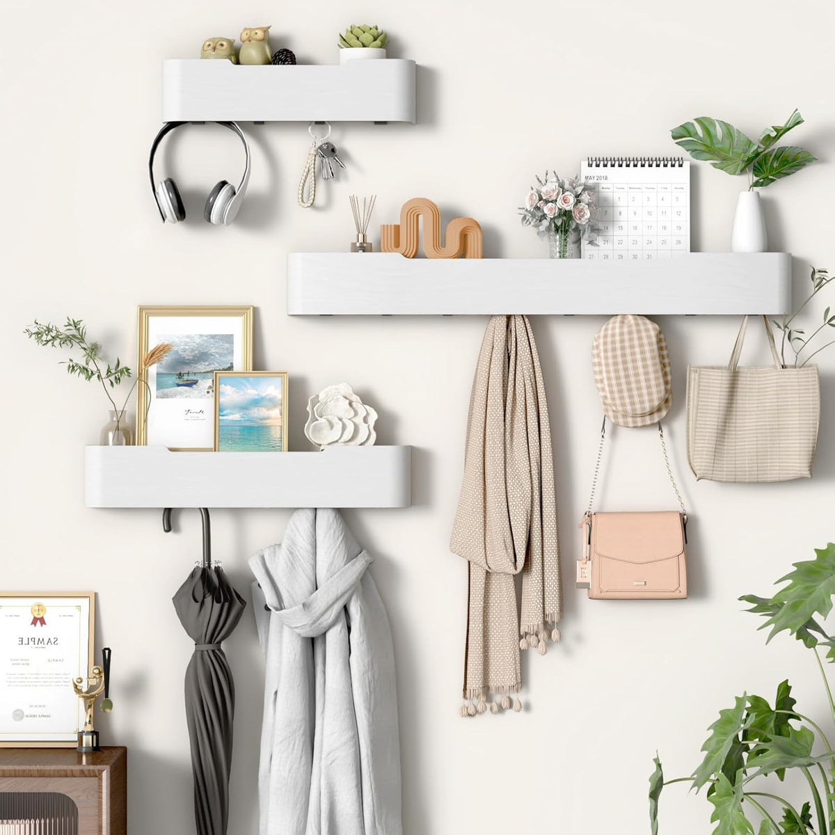 Coat Rack Wall Mount Entryway Organizer Modern Key Holder Wall Mount with Wooden Shelf Entryway Hooks for Bedroom Kitchen Hallway Bathroom for Hanging Coats Hats Bags Towels