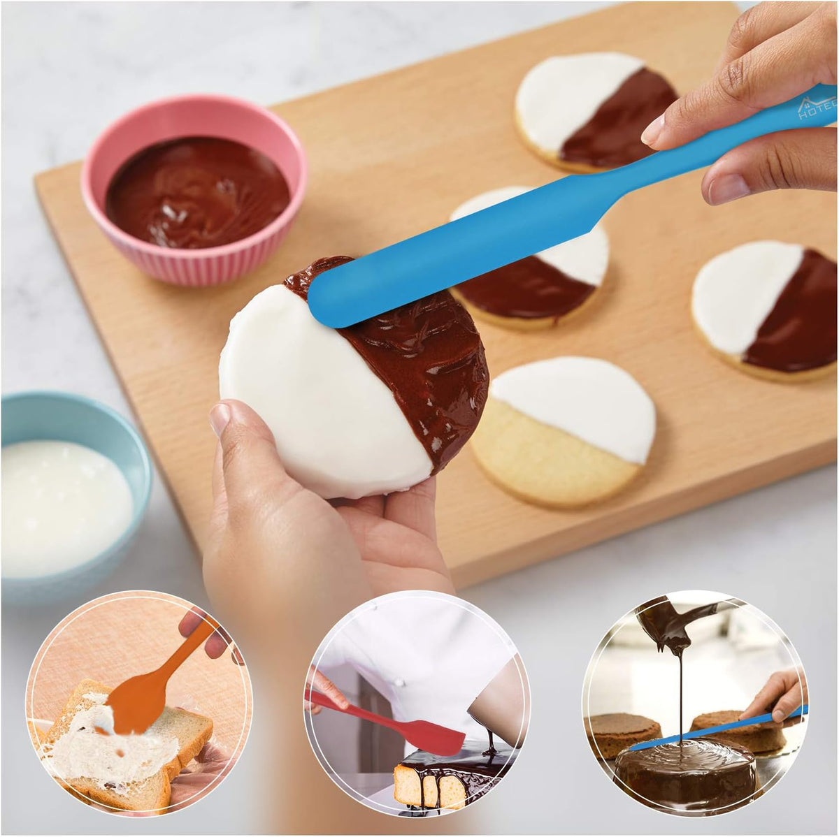 HOTEC Heat Resistant 600℉ Food Grade Silicone Rubber Spatula Set for Baking, Cooking, and Mixing Non Stick Dishwasher Safe BPA-Free Multicolor Set of 5