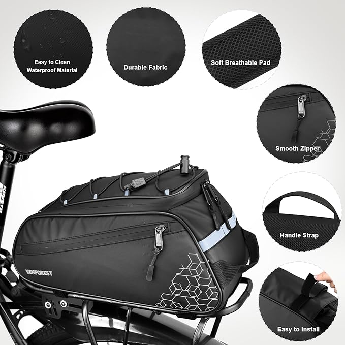 Bike Rear Rack Bag,9L PVC Waterproof Bike Trunk Bag for Road and Mountain Bikes,Bicycle Rear Seat Bag with Rain Cover Bike Saddle Bag for Cycling Trip (Pure Black)