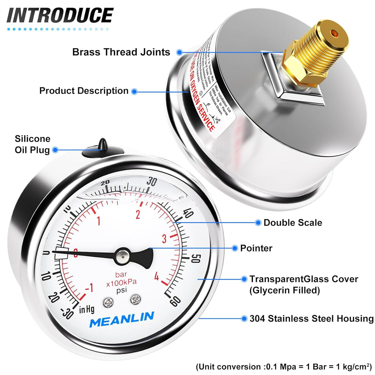 MEANLIN MEASURE -30inHG~60Psi Stainless Steel 1/4" NPT 2.5" FACE DIAL,Vacuum Pressure Gauge,Center Back Mount, with 1/4" x 1/2" NPT and 1/4" x 3/8" NPT Hex Bushing