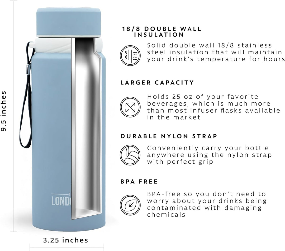 London Sip 25 oz Multi-Purpose Tea Infuser Mug – Fruit Infuser Water Bottle for Hot and Cold – Double Wall Stainless Steel Insulated, Blue Sunrise