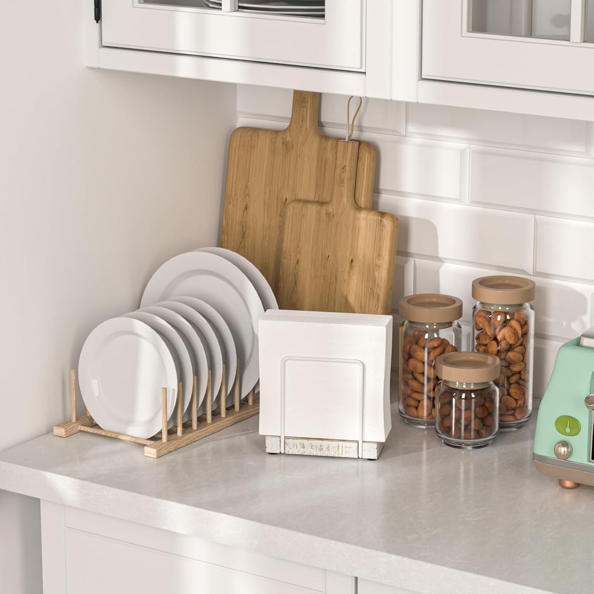 Napkin Holder for Table, Wood Iron Standing Napkin Dispenser for Dining Table Farmhouse Cocktail Picnic Rustic Wood Holders All Kitchen Dining Room Decor White & Farmhouse White