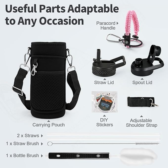 32 oz Insulated Water Bottle with Straw (Cold for 48 Hrs), Stainless Steel Triple Wall Vacuum Sports Water Jug, Leakproof Hydro Cup Flask with Paracord Handle & Straw Spout Lids & DIY Stickers