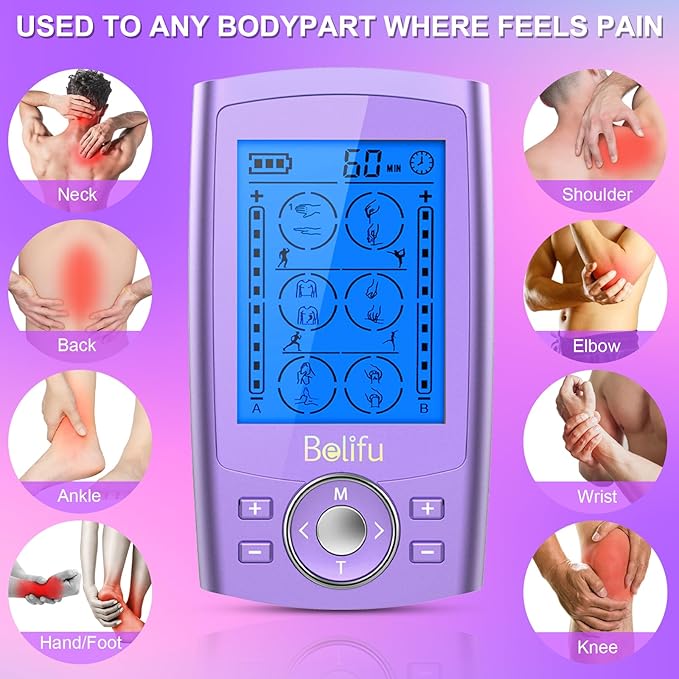 Belfiu TENS & PMS 24 Modes Muscle Stimulator for Pain Relief Therapy, Electronic Pulse Massager Muscle Massager with 10 Pads, Dust-Proof Drawstring Storage Bag, Fastening Cable Ties