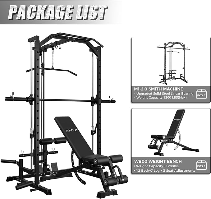 Mikolo Smith Machine Home Gym Power Cage (1:1 Ratio Strength Trainer) (Space Saving Design) (with 8 Free Attachments) Squat Rack for Full Body Training