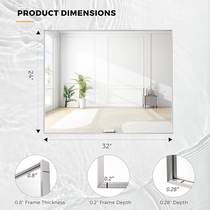 24x32 Inch Nickel Bathroom Mirror for Wall, Aluminum Frame Rectangle Rectangular Vanity Mirror, Modern Large for Bedroom, Living Room, Horizontal or Vertical