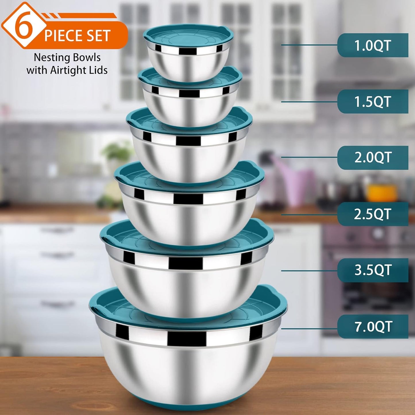 LIANYU Stainless Steel Nesting Mixing Bowls Set of 6, Non-slip Bottom & Airtight Lids, Size 7, 3.5, 2.5, 2, 1.5, 1QT, Large Metal Bowls for Cooking, Baking, Food Storage, Dark Blue