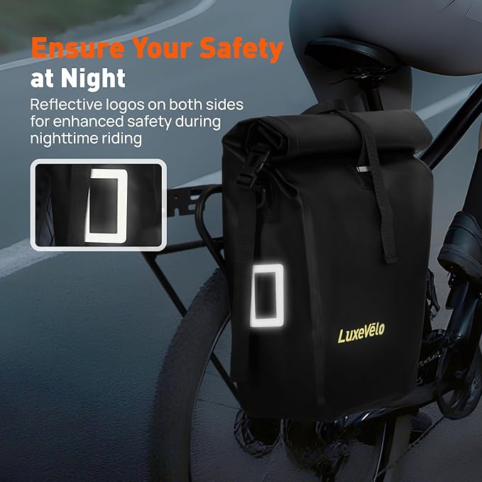 Bike Pannier Bag 27L Waterproof Bicycle Rear Rack Bag, Large Capacity Expandable Cargo Rack Bag with Reflective Strips, Adjustable Buckles for Cycling Traveling Commuting